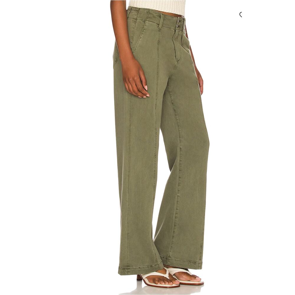 Paige Pants 31 Brooklyn Vintage Green High Rise Wide Leg Cropped Pleated Casual - Picture 3 of 16